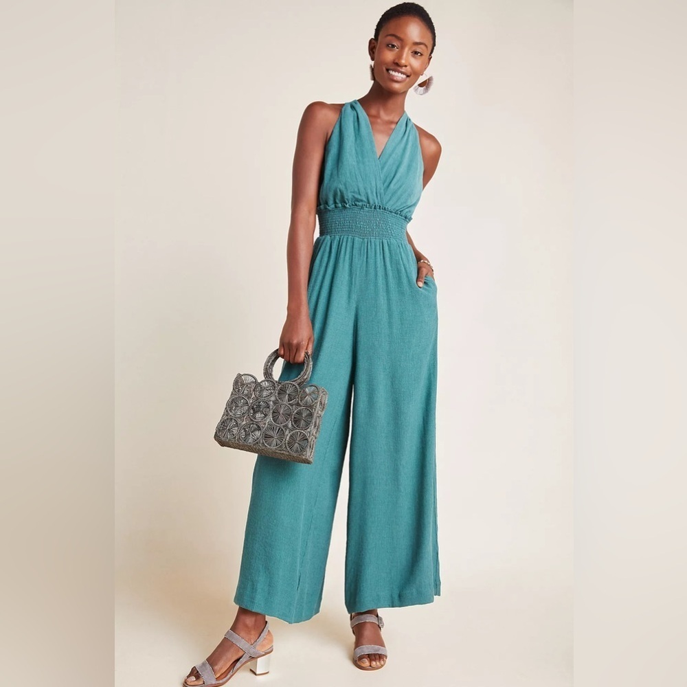 Anthropologie Bionda Plisse Jumpsuit Smocked Halter wide leg boho chic size S